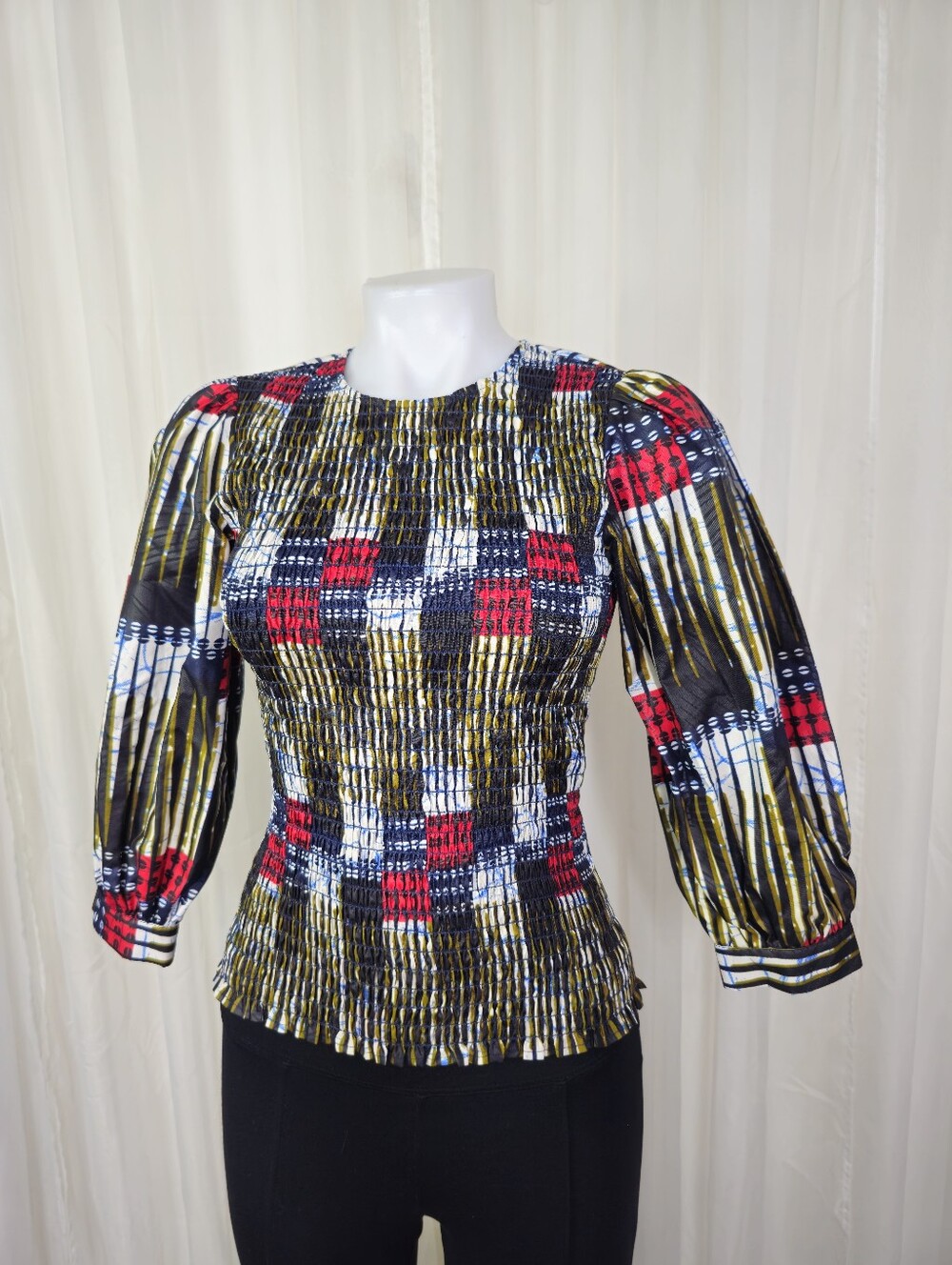 Royal Native Smocked Puff Sleeve Ankara Print Blouse Top XS